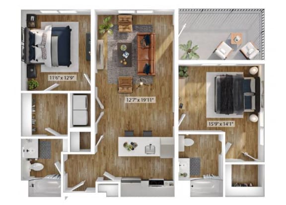 Floor Plan  2 Bed 2 Bath Floor Plan | 1,206 Sq. Ft. at Boardwalk at Research Park in AL 35811