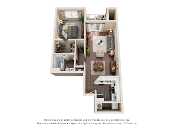 Floor Plan  A 3D floor plan of a small apartment with two bedrooms, a living room, and a kitchen.