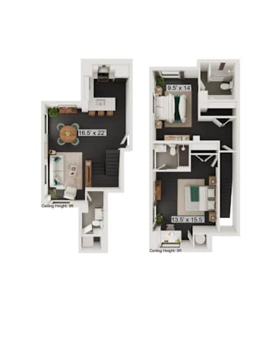 Floor Plan  Two floor plan images of a house with dimensions and ceiling heights noted.