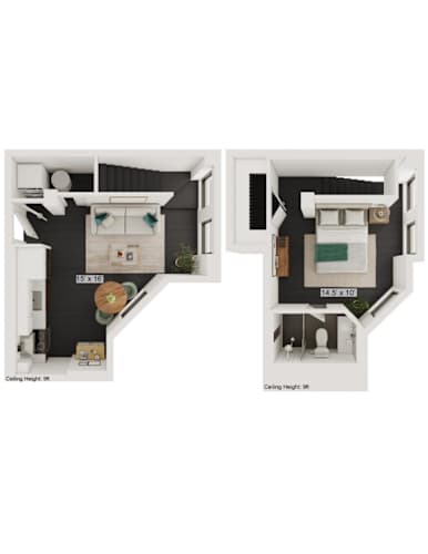 Floor Plan  Two images of a small apartment layout, one with 9 ft ceilings and the other with 8 ft ceilings.
