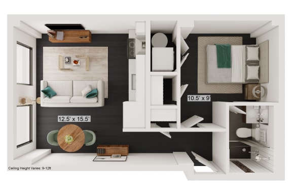 Floor Plan  a bedroom with a bed and a chair in a room