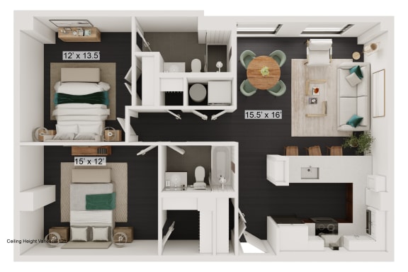 Floor Plan  a bedroom with a bed and a desk in a 555 waverly unit