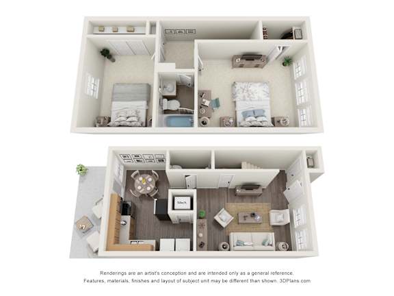 Floor Plan  A 3D floor plan of a house with two bedrooms, a living room, a kitchen, and a bathroom.