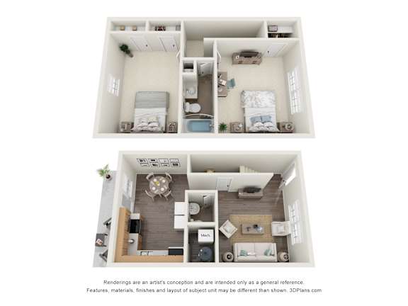 Floor Plan  A floor plan of a two-bedroom apartment with a living room and kitchen.