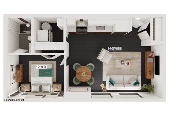 Floor Plan  a bedroom with a bed and a chair in a room