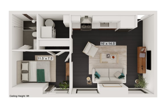 Floor Plan  a bedroom with a bed and a chair in a room