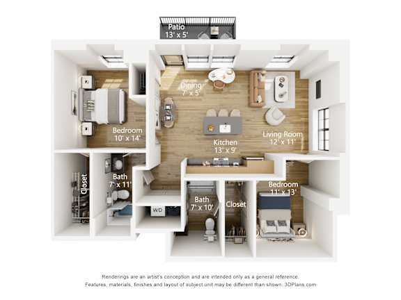 Floor Plan  A 3D floor plan of a small apartment with a living room, kitchen, bathroom, and bedroom.