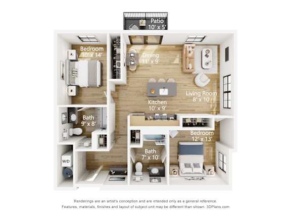 Floor Plan  A 3D floor plan of a small apartment with a living room, kitchen, two bedrooms, and bathrooms.
