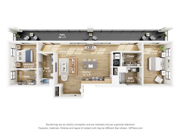 Floor Plan  A floor plan of a living space with a living room, bedroom, and kitchen.