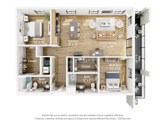 Floor Plan  A 3D floor plan of a house showing the layout of the bedrooms, bathrooms, kitchen, and living room.