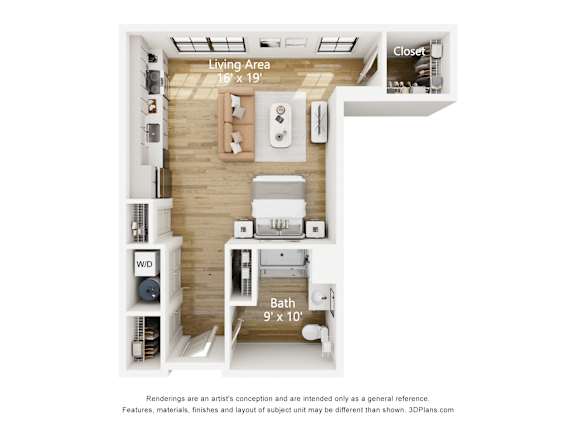 Floor Plan  A 3D floor plan of a small apartment with a living area, bathroom, and closet.