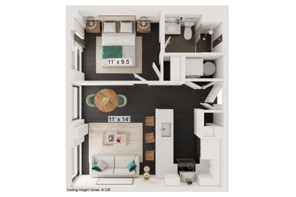 Floor Plan  a floor plan of a studio apartment with a balcony and black and white decor