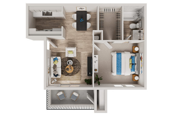 Floor Plan  A top-down view of a well-organized apartment with a kitchen, living room, and bathroom.