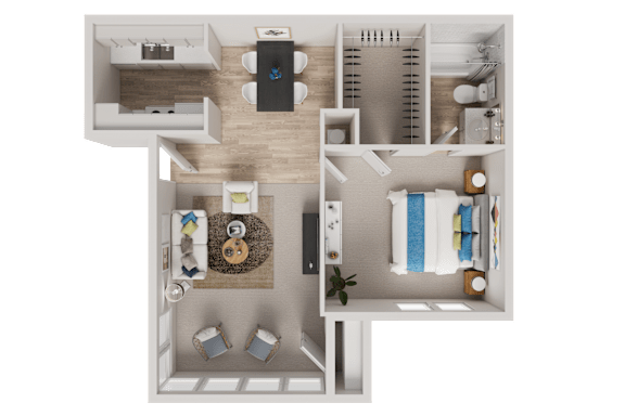 Floor Plan  A top-down view of a small apartment with a kitchen, living room, and bathroom.