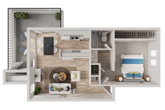 Floor Plan  A top-down view of a modern apartment layout with a living room, kitchen, and bedroom.
