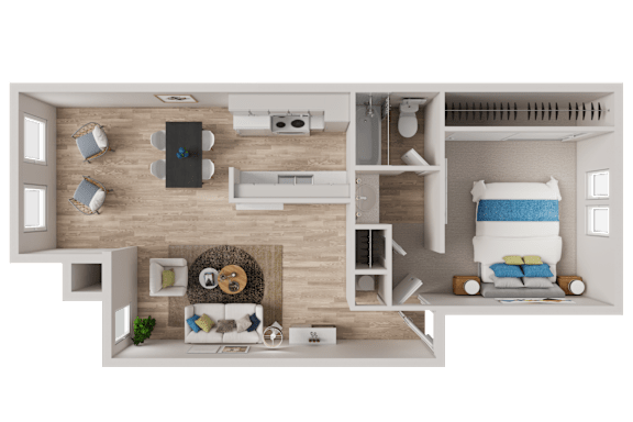 Floor Plan  A top-down view of a small apartment with a bedroom, living room, and kitchen.