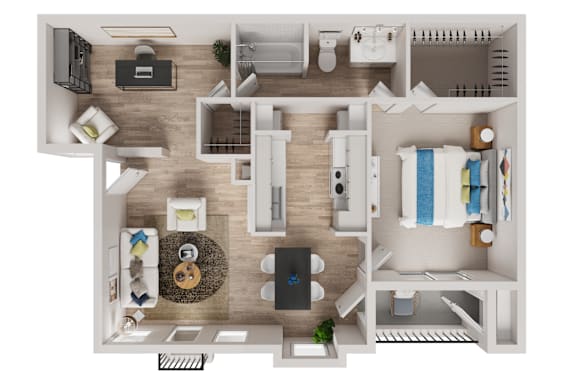 Floor Plan  A top-down view of a well-organized apartment with a living room, kitchen, and bathroom.
