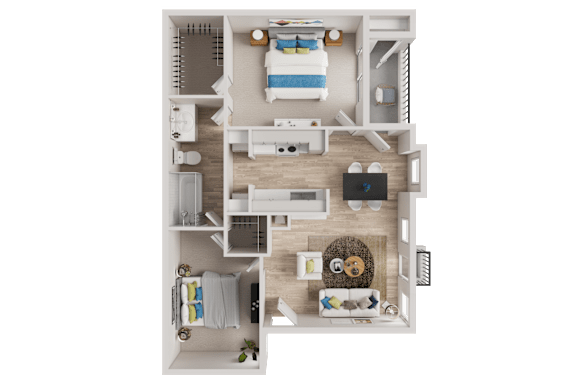 Floor Plan  A detailed 3D floor plan of a small apartment with a kitchen, living room, and bedroom.