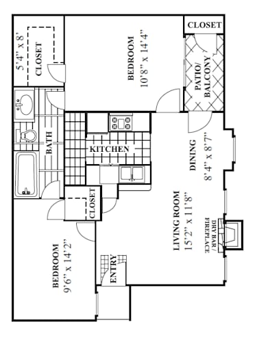 Floor Plan  A floor plan of a house with a living room, dining room, kitchen, and two bedrooms.