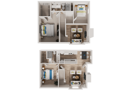 Floor Plan  A top-down view of a small apartment with a kitchen, living room, and bedroom.