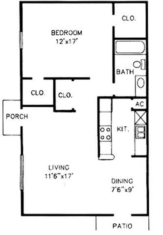 Floor Plan  A floor plan of a small house with a bedroom, living room, kitchen, dining room, and patio.