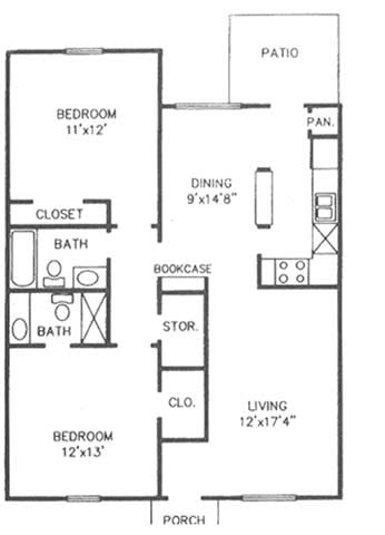 Floor Plan  A floor plan of a two bedroom apartment with a living room, dining room, bathroom, and kitchen.