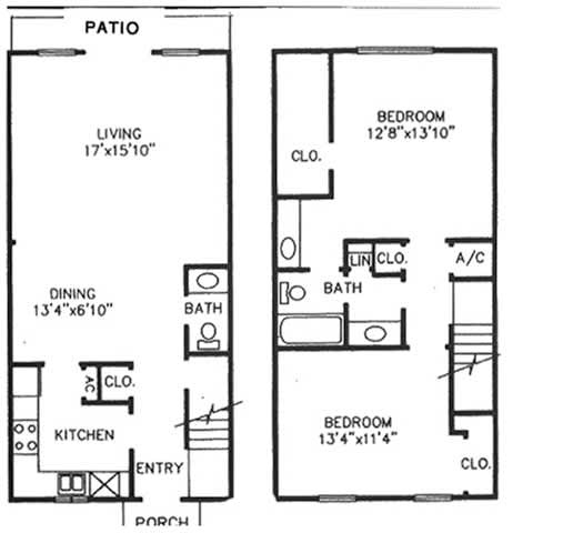 Floor Plan  A floor plan of a house with a living room, dining room, kitchen, two bedrooms, a bathroom, a patio, and a porch.