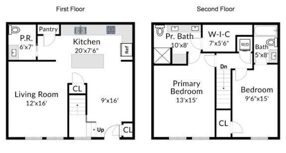 Floor Plan  A floor plan of a two-story home with a living room, kitchen, pantry, and bedrooms.