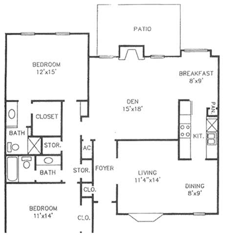 Floor Plan  A floor plan of a house with a living room, dining room, kitchen, and two bedrooms.