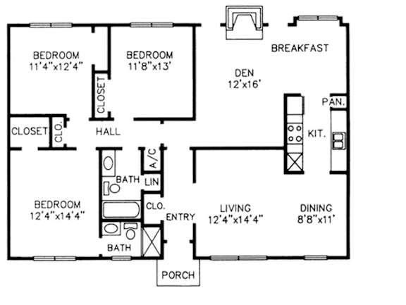 Floor Plan  A floor plan of a house with three bedrooms, a living room, a dining room, a kitchen, a breakfast area, a porch, and a closet.