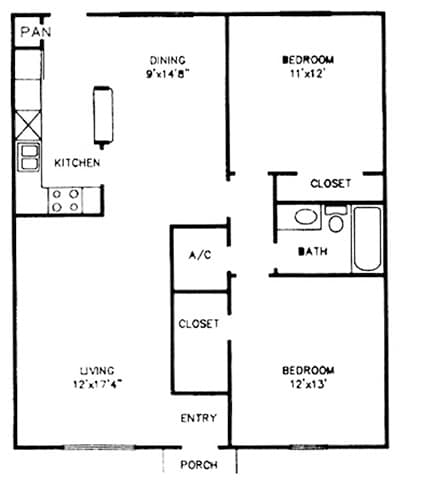 Floor Plan  A black and white image of a floor plan for a small house.