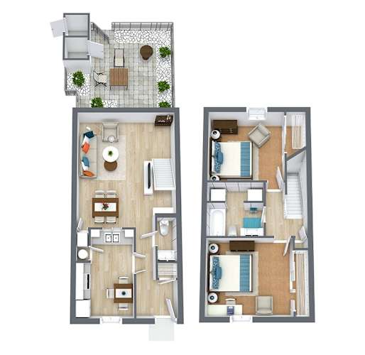 Floor Plan  A floor plan of a two-bedroom apartment with a living room, kitchen, and bathroom.
