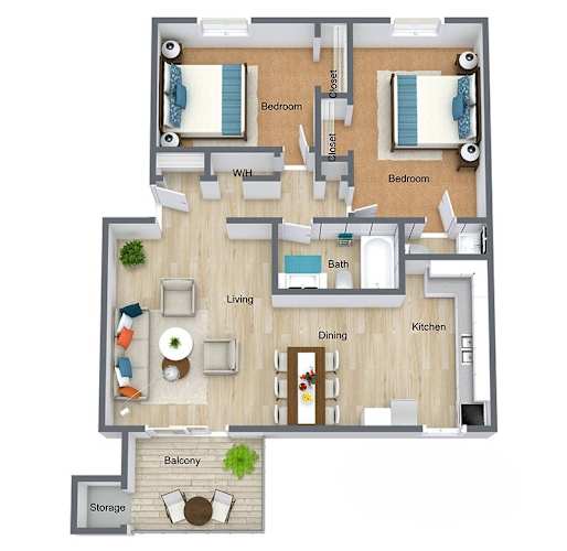 Floor Plan  A floor plan of a house with two bedrooms, a living room, a dining room, a kitchen, a balcony, and storage.