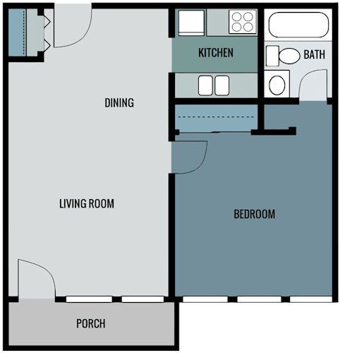 Floor Plan  A floor plan of a house with a kitchen, bath, dining, living room, bedroom and porch.