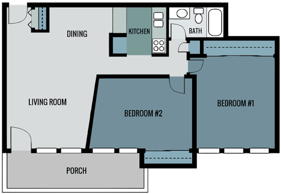 Floor Plan  A floor plan of a house with a living room, two bedrooms, a kitchen, a bathroom, and a porch.