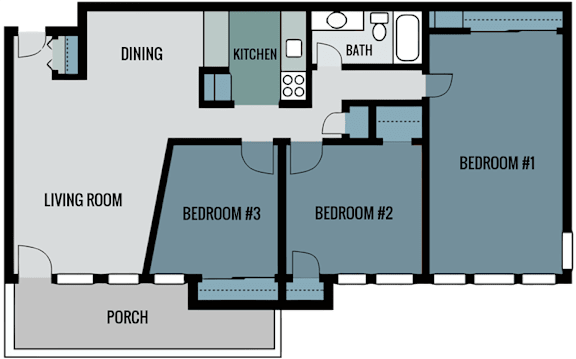 Floor Plan  A floor plan of a house with a living room, dining area, kitchen, three bedrooms, a bathroom, and a porch.