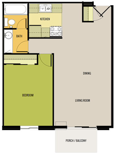 Floor Plan  A floor plan of a house with a kitchen, bath, bedroom, dining and living room.