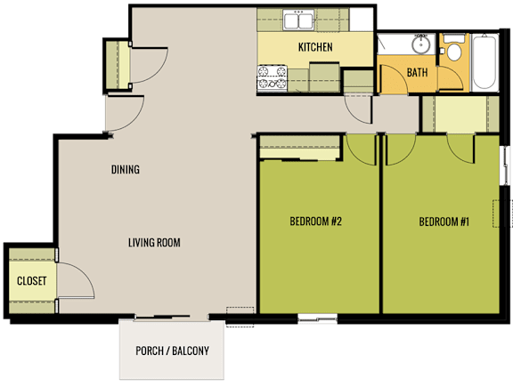 Floor Plan  A floor plan of a house with a kitchen, two bedrooms, a bath, a dining area, a living room, a closet, and a porch/balcony.