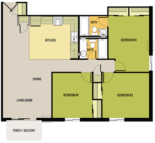 Floor Plan  A floor plan of a house with a living room, kitchen, dining area, and three bedrooms.