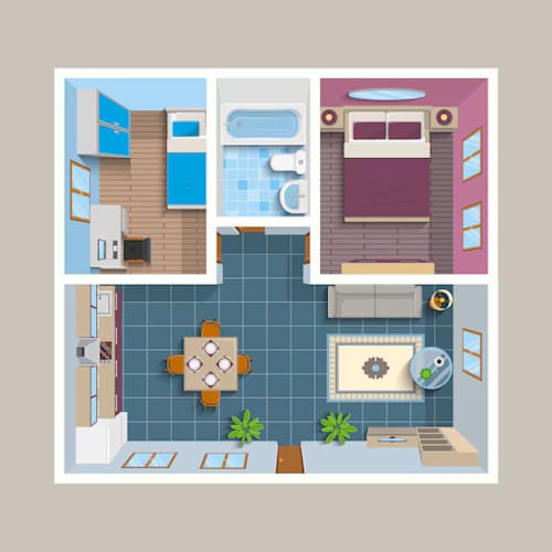 Floor Plan  A cartoon style drawing of a house with a kitchen, living room, and bathroom.