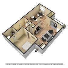 Floor Plan  A 3D floor plan of a house with a kitchen, living room, and two bedrooms.