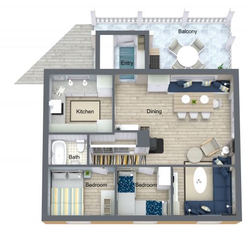 Floor Plan  A 3D rendered image of a house layout with labeled rooms.