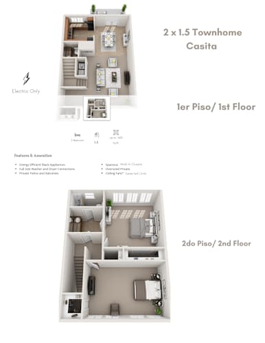Floor Plan  A 2x1.5 townhome casita floor plan with two bedrooms, two bathrooms, and a living area.