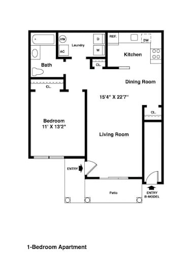 Floor Plan  A floor plan of a 1-bedroom apartment.