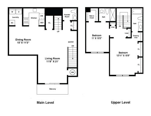 Floor Plan  A floor plan of a two level home with a dining room, living room, kitchen, and two bedrooms.