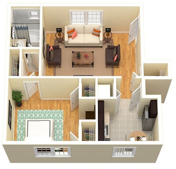 Floor Plan  A top down view of a living room, kitchen and dining room.