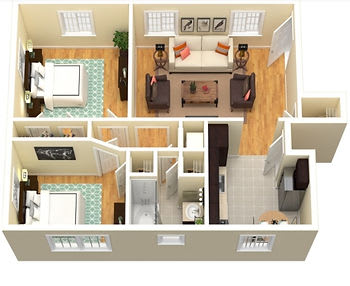 Floor Plan  A cutaway view of a small apartment with a living room, kitchen, and bathroom.