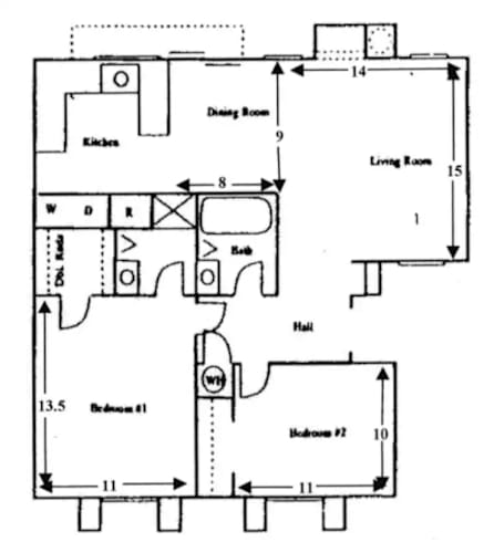 Floor Plan  A floor plan of a house with a kitchen, dining room, living room, and two bedrooms.
