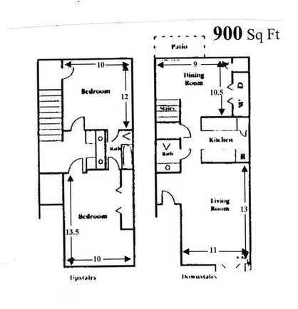 Floor Plan  A floor plan of a 900 square foot home with a bedroom, living room, and kitchen.