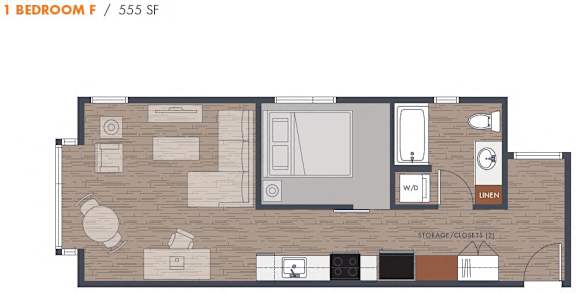 Floor Plan  One bedroom floor plan with spacious living area at Metroline Flats Apartments, Seattle, Washington